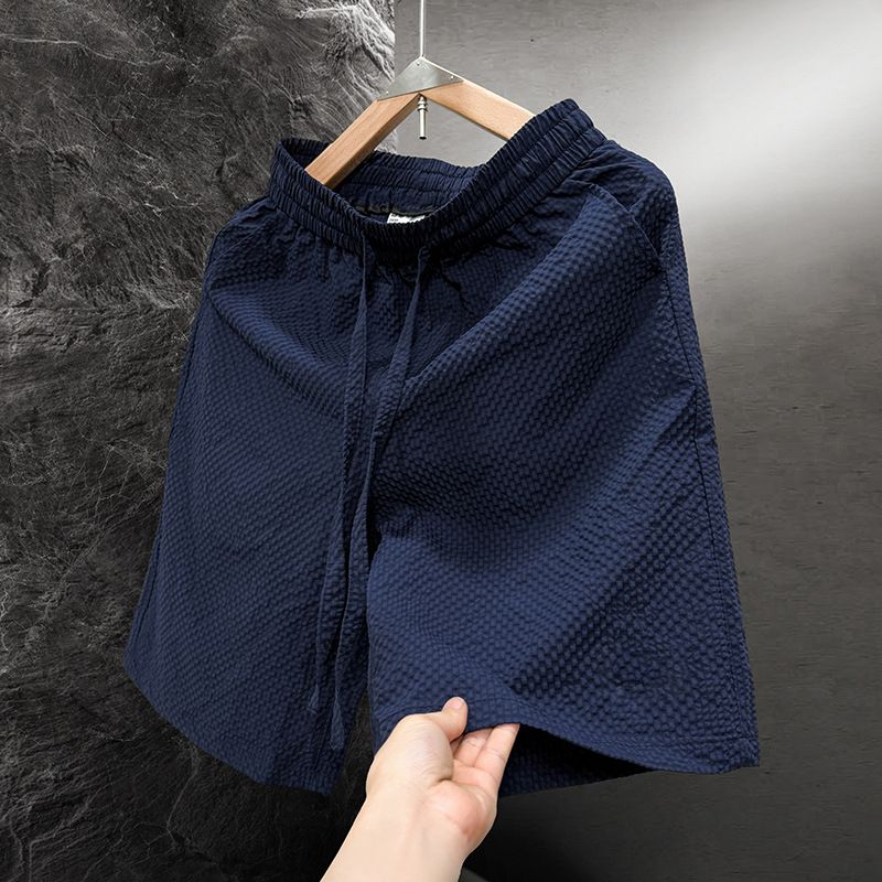 Men's Summer Seersucker Casual Fashion Loose Fit Five Point Shorts Black Gray Khaki Mid Waist Drawstring Baggy Pants_viptrois.com