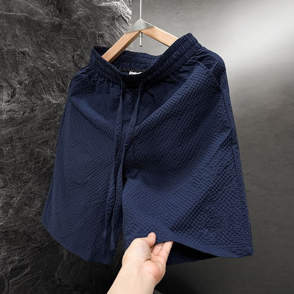 Men's Summer Seersucker Casual Fashion Loose Fit Five Point Shorts Black Gray Khaki Mid Waist Drawstring Baggy Pants_viptrois.com