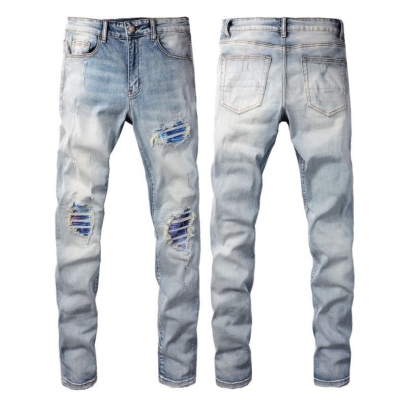Men's Clothing Men's Fashion Brand High Street Ripped Jeans Men's Elastic Colorful Patch Men's Skinny Pants_viptrois.com