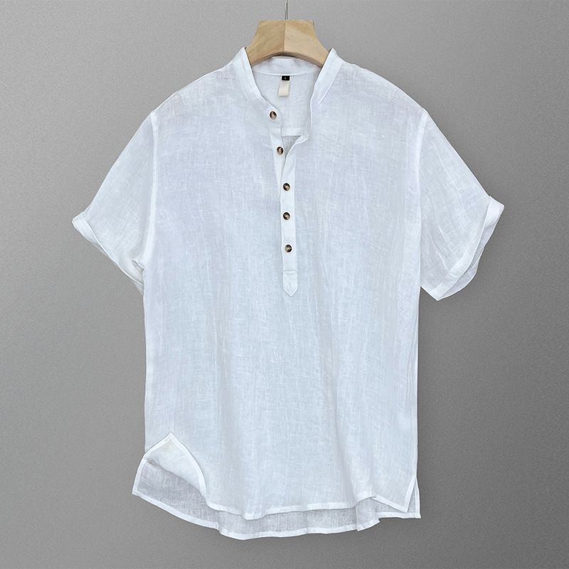 High End Tencel Linen Men's Short Sleeve T-Shirt Chinese Style Stand Collar Summer Thin Style Top_viptrois.com