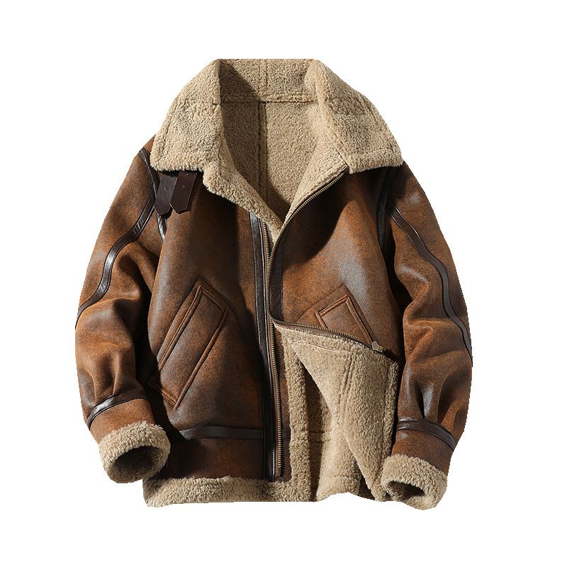 Men's Clothing winter new men's large size fur one piece plus velvet thick lapel motorcycle leather jacket PY1526_viptrois.com