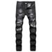Men's Clothing Stock Summer Black Casual Youth Trousers Non Elastic Mid Waist Multi Hole Straight Jeans_viptrois.com