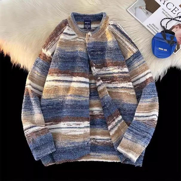 Korean Sweater For Men, Autumn American Retro Lazy Style Soft Cardigan Knitwear With Unique Design, Loose Fit_viptrois.com