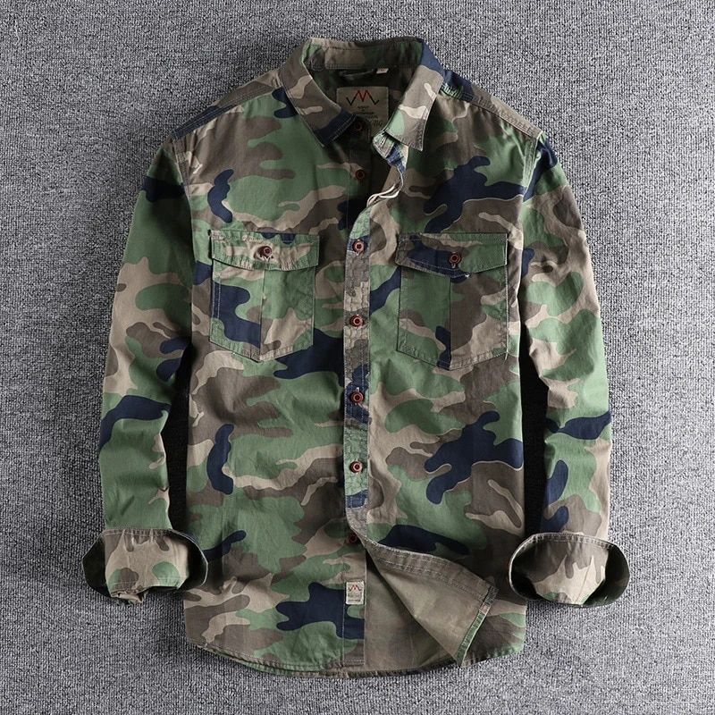 Fashion Wash Camouflage N-style Workwear Long-sleeved Shirt Men's Double Pockets Casual Military Youth Blouse_viptrois.com