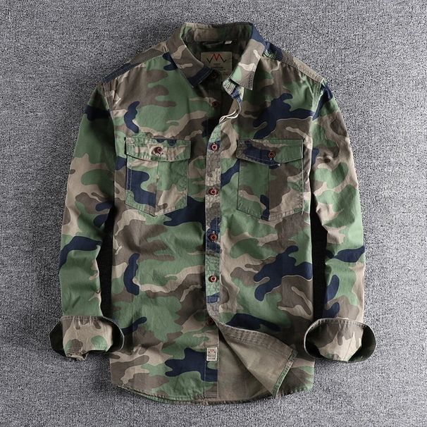 Fashion Wash Camouflage N-style Workwear Long-sleeved Shirt Men's Double Pockets Casual Military Youth Blouse_viptrois.com