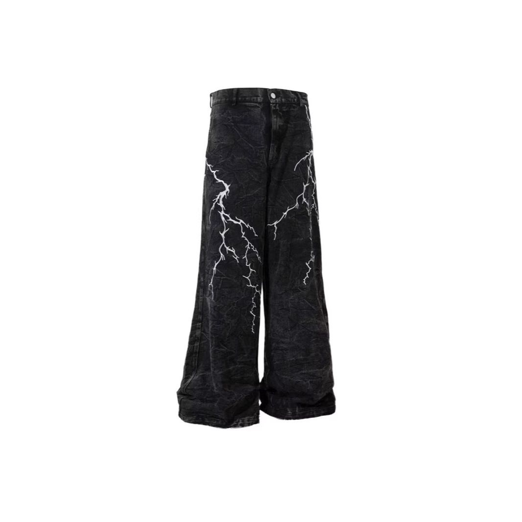 Men's Clothing Spring And Autumn Design Lightning Embroidered Jeans For Men And Women American Street Loose Casual Washed Wide Leg Trousers Trend_viptrois.com