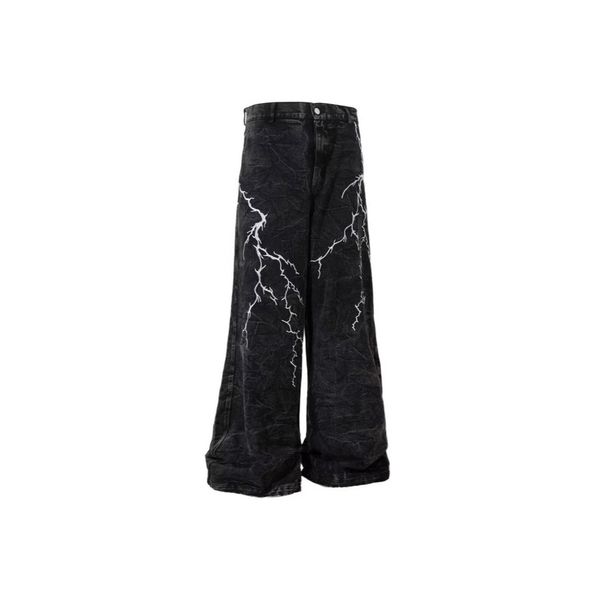 Men's Clothing Spring And Autumn Design Lightning Embroidered Jeans For Men And Women American Street Loose Casual Washed Wide Leg Trousers Trend_viptrois.com