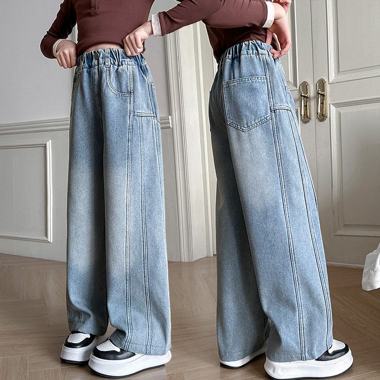 Side Seam Girls Denim Wide Leg Pants New Children's Miscellaneous European And American Jeans_viptrois.com