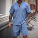 Men's Clothing V Neck Men's Summer Fashion Short Sleeved Henry Style American Tough Solid Color T Shirt Slim Suit_viptrois.com