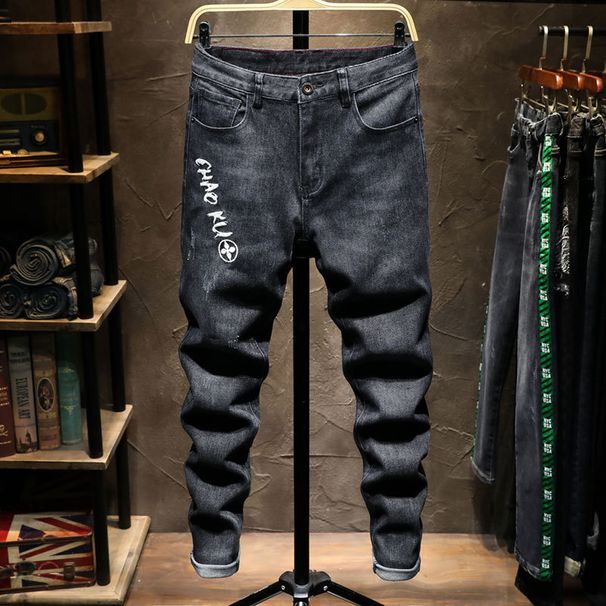 Men's clothing in stock 2024 ashion brand jeans straight men's slim trousers trendy youth mid-waist pants_viptrois.com