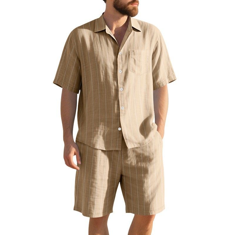 Men's Summer Linen Jacquard Shirt Shorts Set Striped Loose Fit Short Sleeved Beachwear For American Styles_viptrois.com