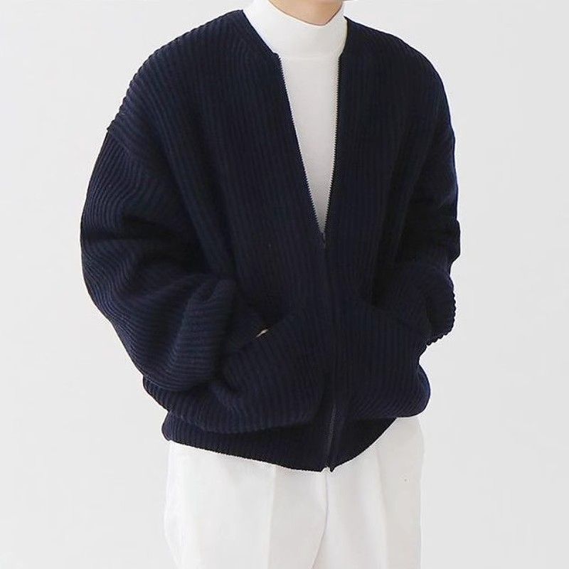 Men's Clothing Solid Color Round Neck Knitted Cardigan Jacket Men 2024 Autumn And Winter Fashion Youth Trend All Match Casual Large Size Tops_viptrois.com