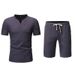 Summer New Style Men's Solid Color Two Piece Set Short Sleeve Beachwear Linen Suit With Shorts_viptrois.com