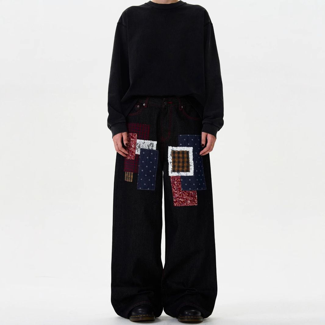 Men's Clothing Small Design Sense Spring And Autumn New Plaid Patch Design Jeans Men And Women Loose Wide Leg Straight Trousers Trend_viptrois.com