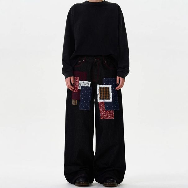 Men's Clothing Small Design Sense Spring And Autumn New Plaid Patch Design Jeans Men And Women Loose Wide Leg Straight Trousers Trend_viptrois.com