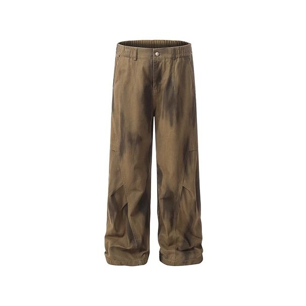 Men's Clothing Streetwear Distressed Cargo Jeans For Men - Vintage Washed Cotton Work Pants With Wrinkled Design, Loose Fit, Straight Leg, Green_viptrois.com