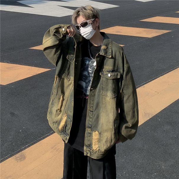 Men's Street Style Vintage Denim Spring And Autumn Loose Fashion Brand Trendy Ripped Jacket, Men's Top_viptrois.com