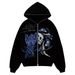 Skull Print Hooded Cardigan Full Zip Loose Unisex Trendy Sweatshirt Jacket_viptrois.com