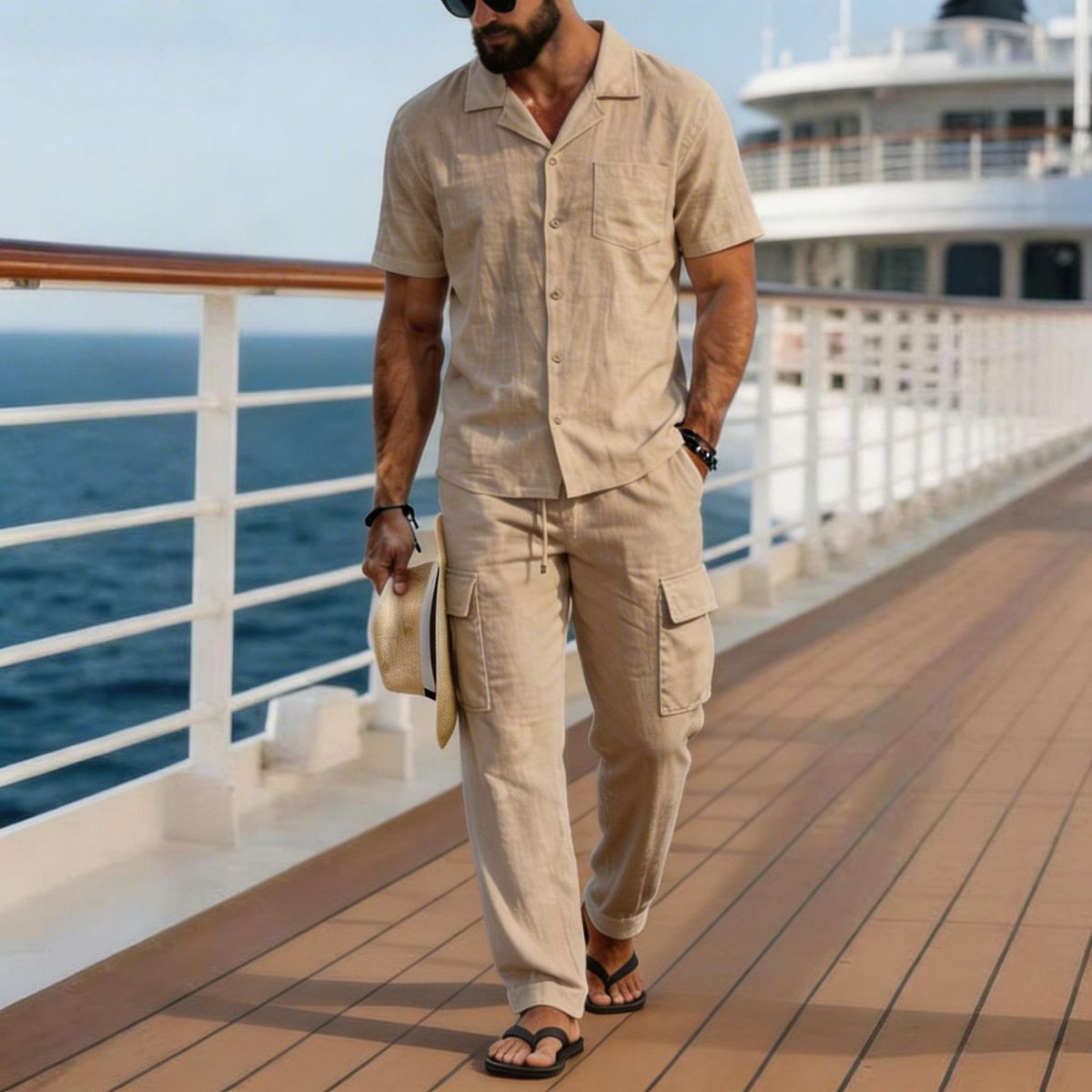 Men's Clothing Men's Summer Casual Loose Shirt And Pants Set Solid Color Simple Lapel Cotton Linen Two Piece Short Sleeve_viptrois.com