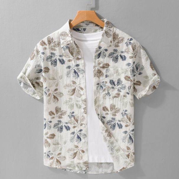 Summer Men's Linen Printed Short Sleeved Shirt Trend Casual Loose And Trendy Youth Versatile Men's Shirt_viptrois.com
