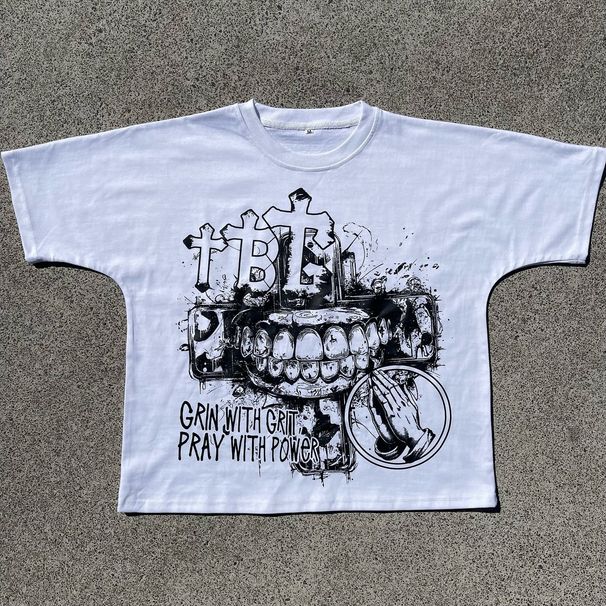 Cross Border Retro Print Loose High Street Cross Border Spring And Summer Hip Hop Round Neck Pullover Short Sleeved Tops Unisex_viptrois.com