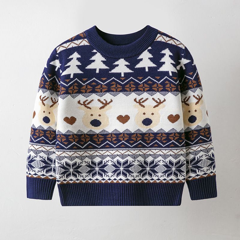 Soft Knit Christmas Cartoon Sweater For Kids - Cozy Round Neck Pullover With Fun Animal & Letter Patterns (2Y-6Y, Red/Navy)_viptrois.com