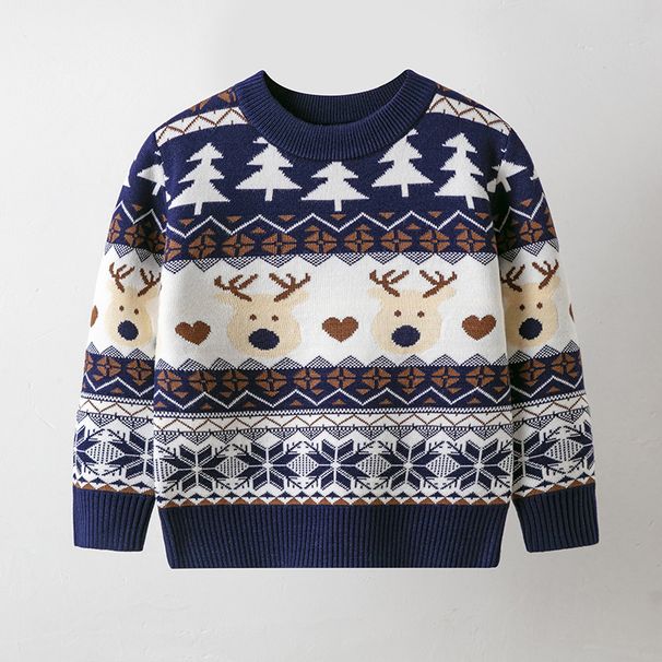 Soft Knit Christmas Cartoon Sweater For Kids - Cozy Round Neck Pullover With Fun Animal & Letter Patterns (2Y-6Y, Red/Navy)_viptrois.com