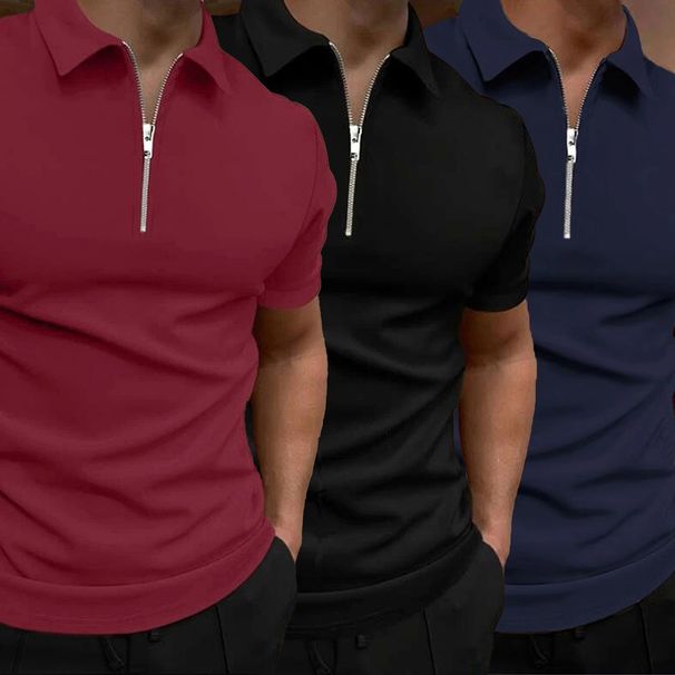Men's Solid Color Polo Shirt Short Sleeve Turn Down Collar Casual Fit European And American Style 3 Piece Set_viptrois.com