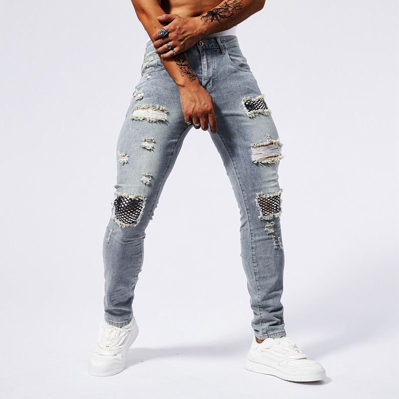 Men's Clothing Men's Casual Ripped Jeans Personality Patch Ins Tight Trousers Jeans_viptrois.com