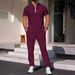 Men's New Waffle Collar Zipper Color Matching Short Sleeved Trousers Casual Sports Suit_viptrois.com