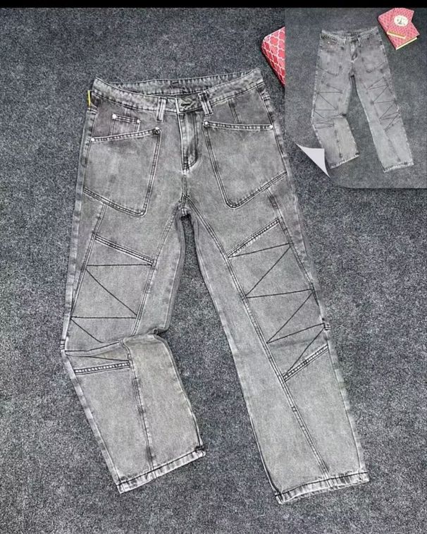 Men's Clothing High Street Washed Distressed Stitching Logging Jeans Men's Retro Fashion Trend Ink Splashed Print Wide Leg Trousers_viptrois.com