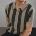 Men's Summer Stripe Knit Polo Shirt With Hollow Design, Loose Fit Casual Short Sleeve Top, Black & White Contrast_viptrois.com