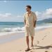 Summer Men's Solid Color Casual Shirt Breathable Lapel Button Short Sleeved Beach Set_viptrois.com