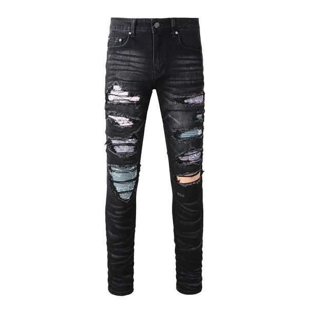 American High Street Jeans Men's Trendy Brand Slim-fitting Small-footed Jeans Ripped Colorful Patch Beggar Men's Pants 1334_viptrois.com