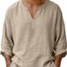Linen Men's Casual Top Long Sleeved Loose V Neck Old Fashioned T Shirt_viptrois.com
