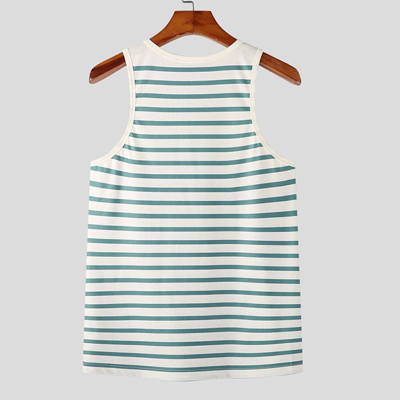 Men's Clothing New Striped Men's Vest Elastic Slim T Shirt Fashionable Metal Button Camisole Vest_viptrois.com