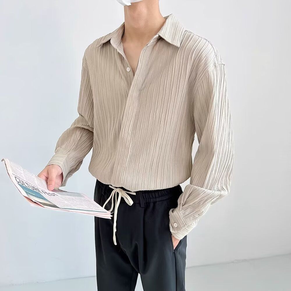 Advanced Style Shirt Men's Long Sleeved Pleated Shirt Ice Silk New Style Cool Casual Top Men_viptrois.com