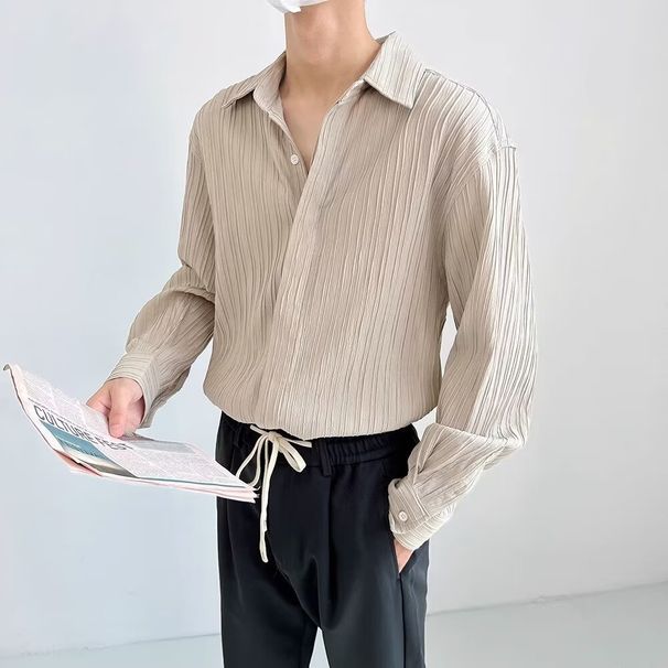 Advanced Style Shirt Men's Long Sleeved Pleated Shirt Ice Silk New Style Cool Casual Top Men_viptrois.com