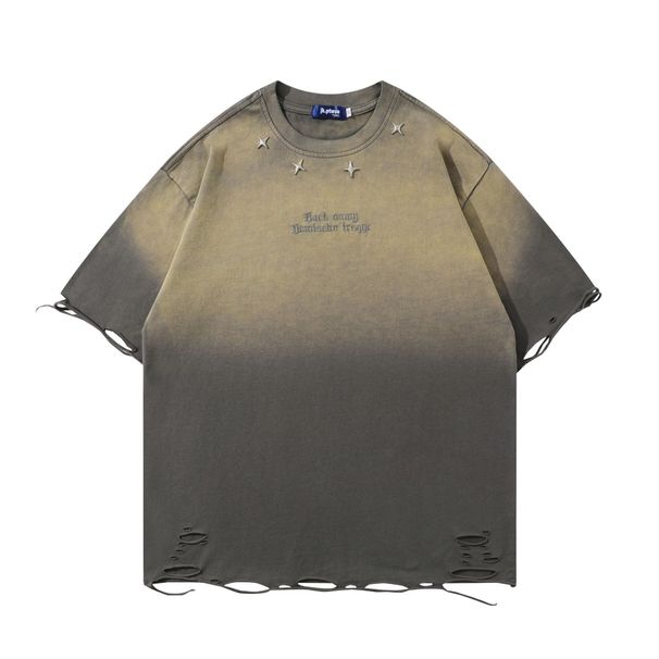 Unisex Hip Hop Washed Distressed T-Shirt - Oversized Streetwear Tee With Gradient Print & Raw Hem (S-XXL)_viptrois.com