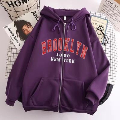 New Trendy Street Style Loose Hooded Sweatshirt Letter Print American Jacket Fleece Winter Y2K Coat Zipper_viptrois.com