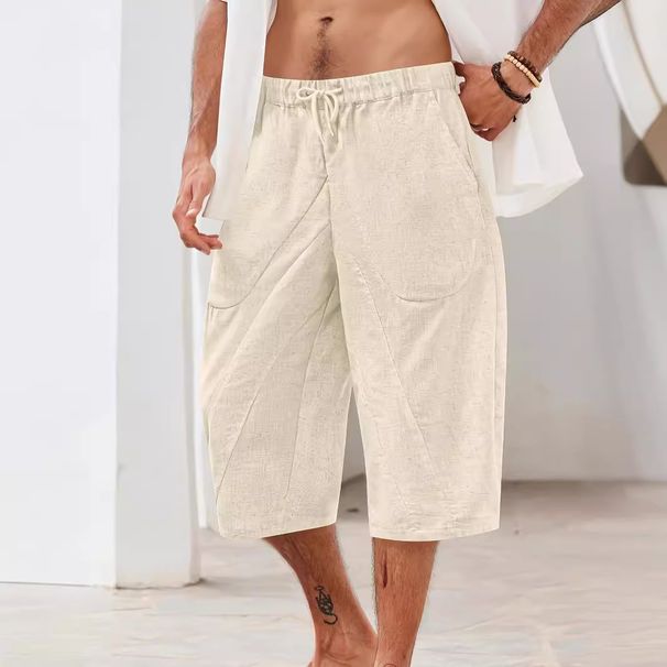 Men's Clothing Cotton And Linen Casual Multi Pocket Beach Shorts Solid Color Loose Shorts_viptrois.com