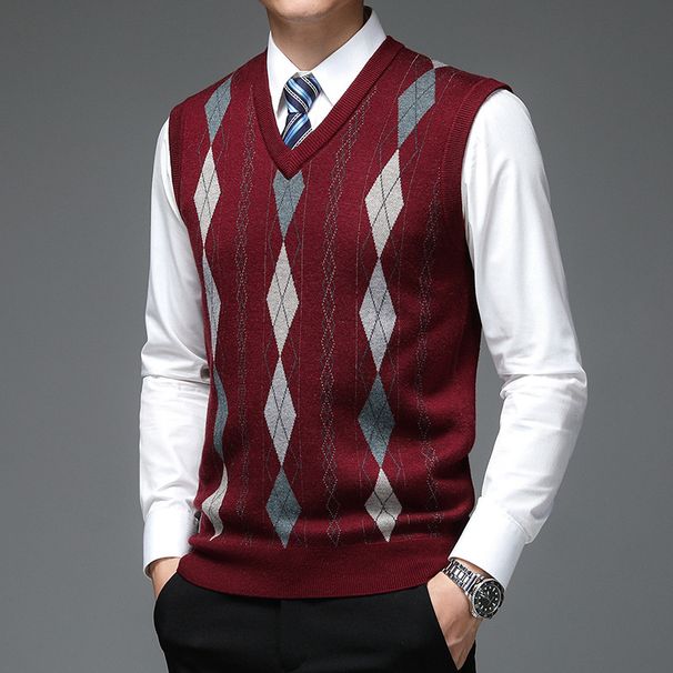 Men's Wool Blend V-Neck Sleeveless Vest - Casual Solid & Checkered Knit Sweater Waistcoat For Autumn (Grey, Burgundy, Navy, Camel)_viptrois.com