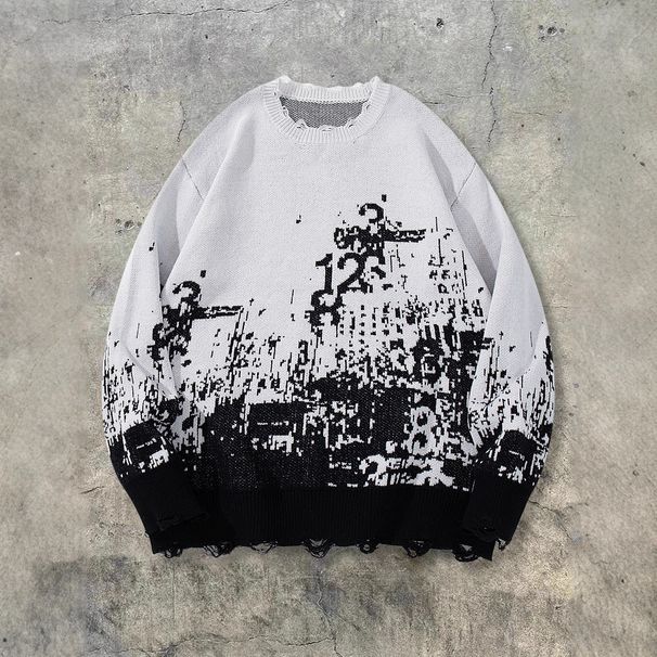 Trendy Distressed Knit Sweater For Men - Vintage-Inspired Oversized Pullover With Raw Hem Details, Unisex Long Sleeve Casual Top For Streetwear Lovers_viptrois.com