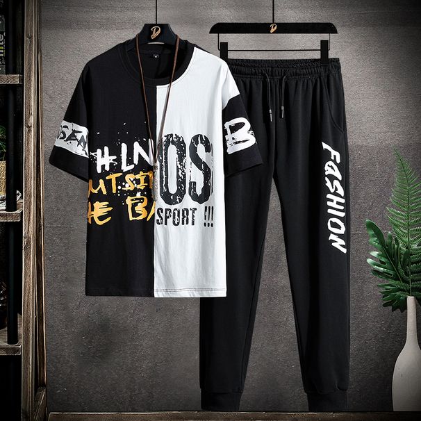 Men's Summer Short Sleeved Shirt Korean Style Trendy Outdoor Sports Casual Pants Loose Print Color Blocked Set_viptrois.com