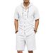 Men's Summer Casual Linen Shirt And Shorts Set Loose Fit Solid Color Short Sleeved Hooded Top And Bottoms_viptrois.com