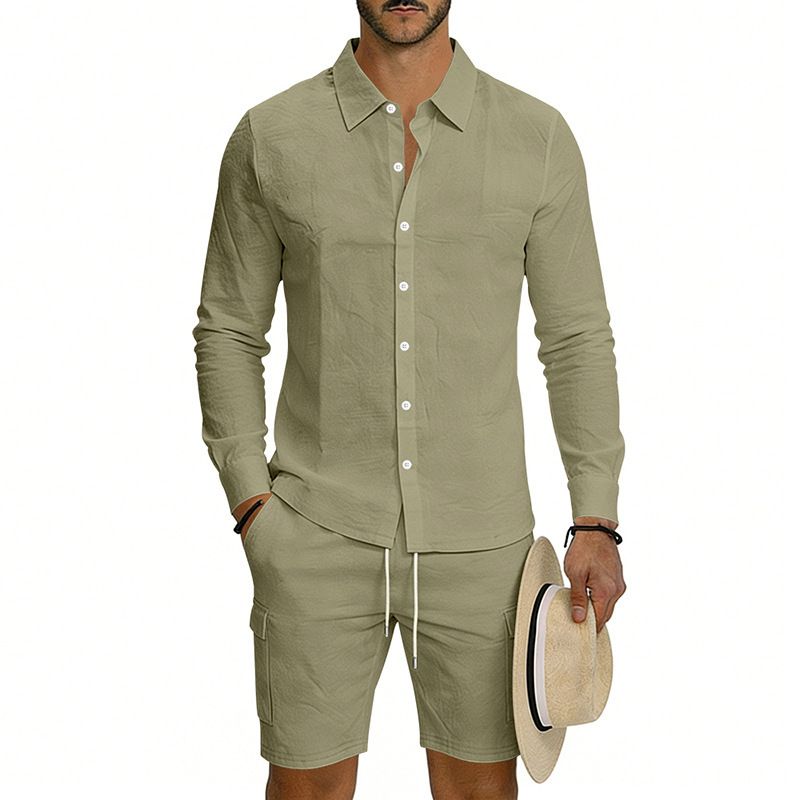 Men's Linen Blend Long Sleeve Shirt & Cargo Shorts Set | Relaxed Fit Multi-Pocket Workwear Style Summer Outfit_viptrois.com