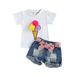 Mother & Kids Foreign trade children's clothing for girls, white fur ball round neck short-sleeved T-shirt, ripped denim shorts, summer girls suit_viptrois.com