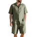 Men's Summer Linen Jacquard Shirt Shorts Set Striped Loose Fit Short Sleeved Beachwear For American Styles_viptrois.com