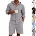 Men's Summer Linen Shirt And Shorts Set Casual Breathable Long Sleeved Solid Color Hooded Takeout American Style Vacation Wear_viptrois.com