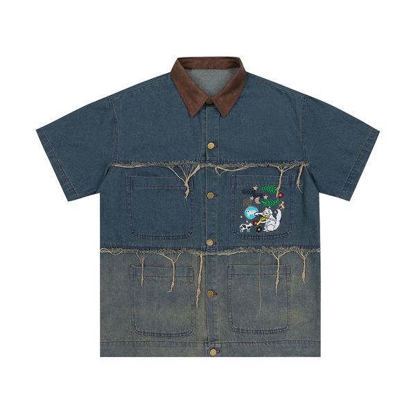 CT Jiayiku Men's Clothing | 2025 Trendy Brand Denim Washed Fringe Cartoon Embroidery Short Sleeve Shirt_viptrois.com